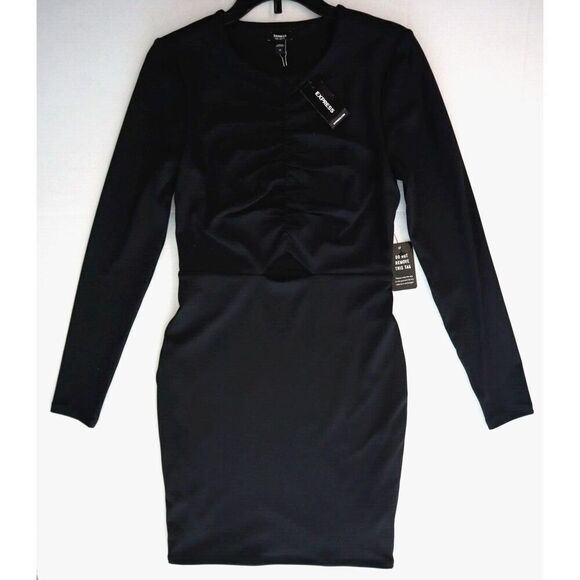 Express 90130 Women's Sz XS Black L/S Ruched Cut-Out Body Con Dress - Picture 1 of 8